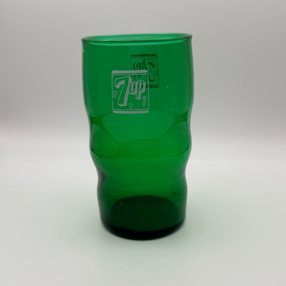 Vintage 7Up Green Glass Bubbled Textured Soda Advertising Tumbler 5 Inch